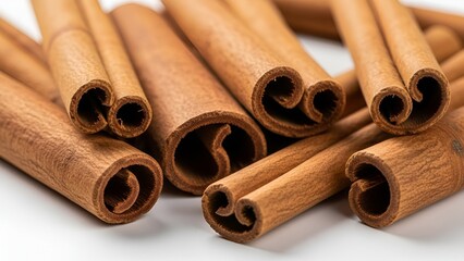 Aromatic cinnamon sticks arranged in a heap present warm earthy tones and textures