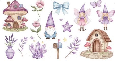 Whimsical illustration of fairy tale houses flowers butterflies and stars in pastel colors