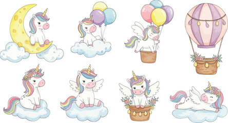 Obraz premium Whimsical unicorns floating on clouds with balloons and hot air balloons