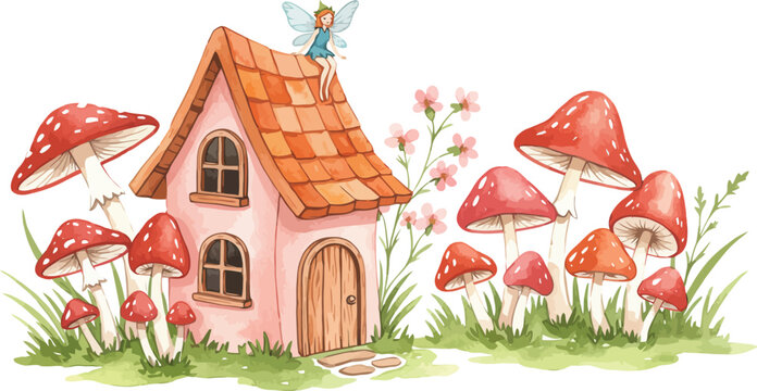 Whimsical pink fairy house with mushrooms and flowers in a magical garden scene
