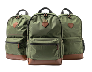 Three green backpacks with brown accents, studio lit