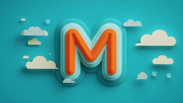 3D rendered orange letter M with layered blue and teal outline, surrounded by white clouds on a teal background.