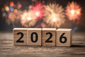 Wooden blocks clearly display the year '2026', meticulously arranged on a rustic wooden surface. The background is a beautifully blurred tapestry of vibrant, sparkling lights, evocative of festive fir