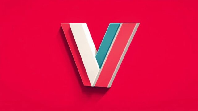 A stylized, layered letter 'V' with a red, white, and teal color scheme against a solid red background.