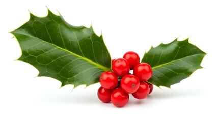 Festive holly sprig with bright red berries and glossy green foliage for winter decorations