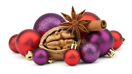 Festive still life featuring christmas baubles a walnut cinnamon stick and star anise on a white