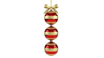 Festive vertical arrangement of three striped red and gold christmas ornaments with a golden
