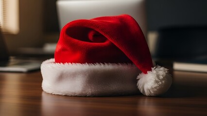 Holiday season at the office, Santa hat resting on a wooden desk, signaling festive cheer amidst