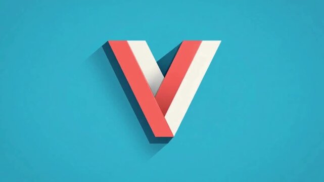 A stylized letter V with red and white stripes casting a shadow on a blue background.