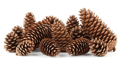 Isolated pile of pine cones on a white background depicting nature's beauty and organic patterns