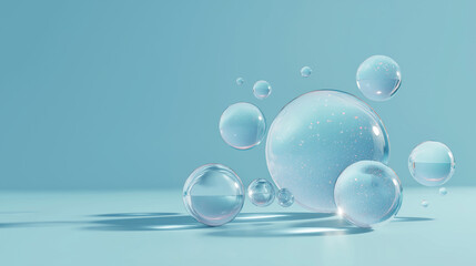 floating glass bubbles on blue background, transparent spheres abstract concept, hydration and purity visual design