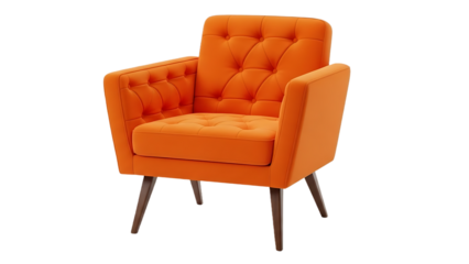 orange upholstered armchair with wooden legs