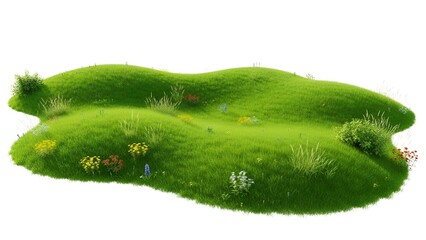 Lush green hillock with vibrant wildflowers isolated on a pristine white canvas creates a peaceful