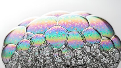 Mesmerizing iridescent rainbow reflections on a cluster of delicate soap bubbles