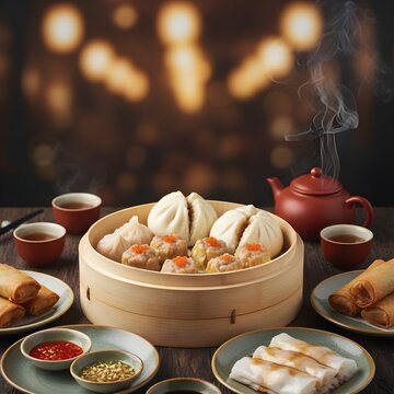 Chinese Dim Sum Set with Shumai, Steamed Buns and Spring Rolls