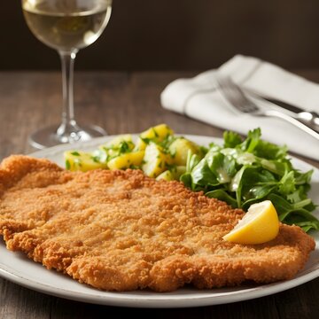 Crispy Chicken Schnitzel Served with Potato Salad and Lemon