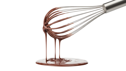 Chocolate sauce dripping from whisk on white background