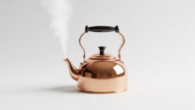 Title (&asymp;175 characters)
Polished copper stovetop kettle with black handle releasing a plume of steam from its spout, standing against a clean white backdrop to evoke classic tea making warmth and vint