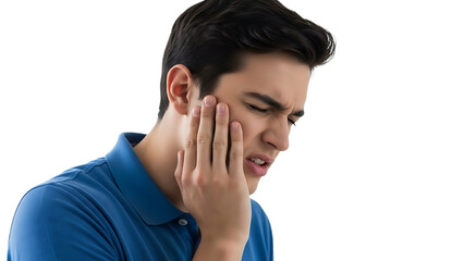 man in blue shirt holding his cheek in pain