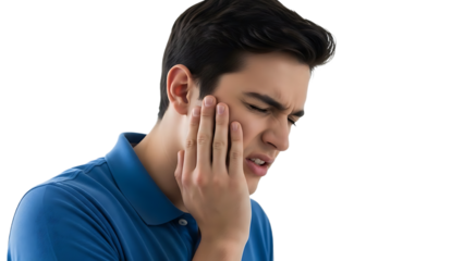 man in blue shirt holding his cheek in pain