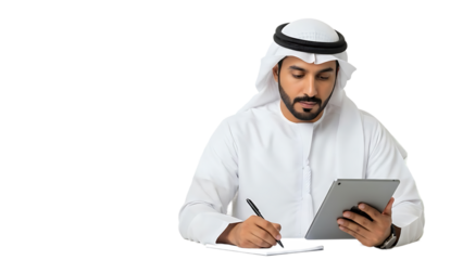 arabian man in traditional clothing working with tablet and notebook