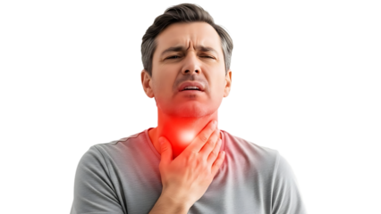 Man with sore throat and hand on neck