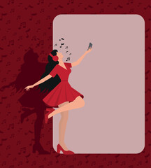 Woman listening to music and dancing, wearing a red dress, against a red background with a music pattern.