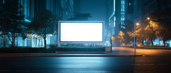 blank bus stop billboard at night, empty city lightbox advertising scene, urban outdoor advertising mockup
