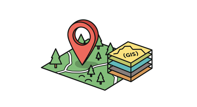 Isometric GIS Map with Location Pin and Layered Data Illustration.