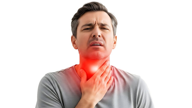 Man with sore throat and hand on neck