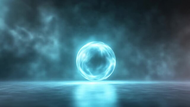 Abstract glowing sphere floating above reflective surface in smoke
