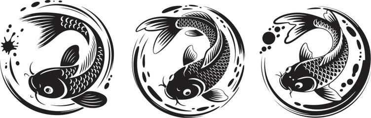 Set of black and white koi fish swimming in water circle for traditional asian tattoo or mascot