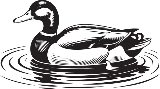 Duck swimming calmly on water surface creating ripples detailed realistic engraving style illustration