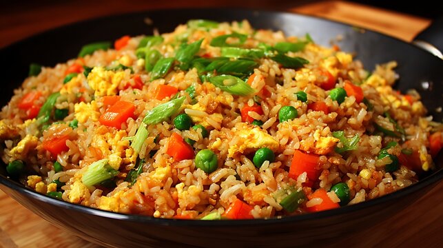 Vegetable fried rice with peas and carrots in a black wok for restaurant menu advertising.