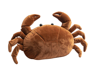 Brown plush crab toy with small black eyes, flat pose
