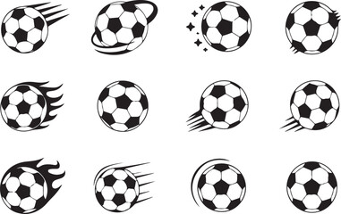 Soccer ball icons set with speed and movement effects monochrome graphic elements for sports competition