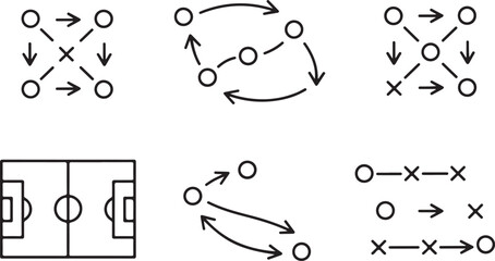 Collection of football strategy schemes showing game flow and player pathways for coaching instruction