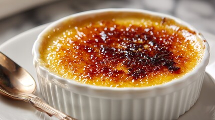 Creme brulee dessert in a ceramic ramekin with caramelized sugar for a bakery banner.