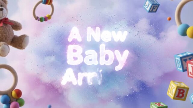 Colorful baby toys and blocks against a soft, pastel cloudy background with a teddy bear and text announcing a new arrival.