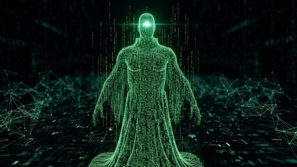 Digital Humanoid Figure in a Futuristic Green and Black Cybernetic Landscape.