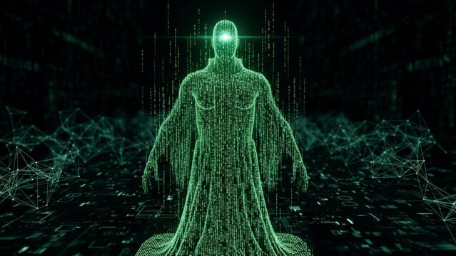 Digital Humanoid Figure in a Futuristic Green and Black Cybernetic Landscape. - Powered by Adobe