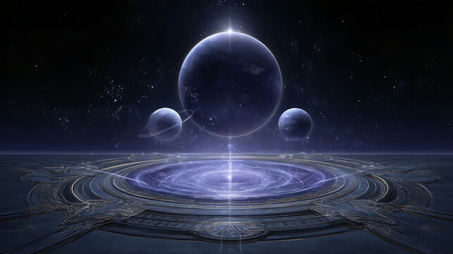 A celestial oracle forecasting the alignment of glowing planets in a cosmic dance.