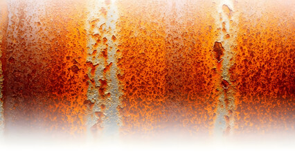 Close-up of a vibrant orange and red rusty metal surface with peeling paint and deep corrosion, creating a textured industrial background