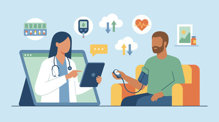 Doctor consulting with patient remotely through digital platform while monitoring health metrics on device
