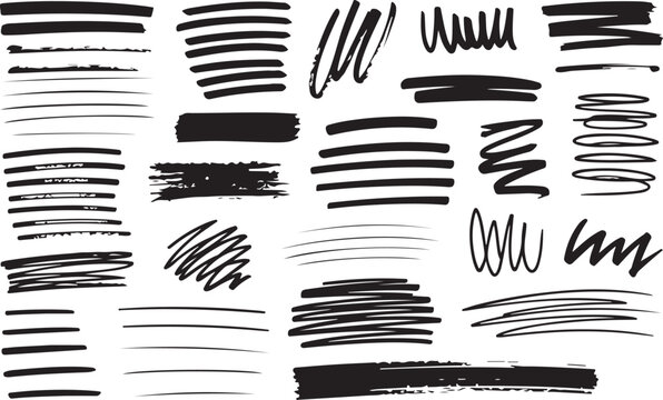 Collection of hand drawn scribbles underlines highlight strokes and brush marks for editing text