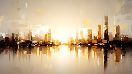 Golden Skyline Reflection at Sunrise A Cityscape Painted with Light