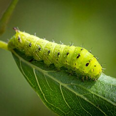 Close up of a vibrant green caterpillar crawling on a lush green leaf