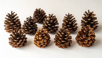 Close up of pine cones displaying natural textures on a white background
