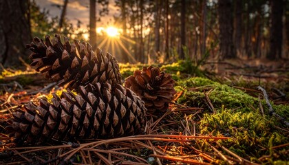 Close up of pine cones on forest floor with sunlight bursting through trees