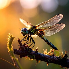 Close up of dragonfly perched on a branch in natural sunlight